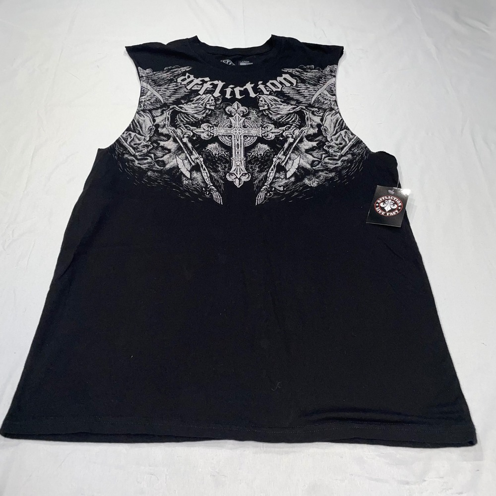 Affliction Mens Muscle Shirt Black Skeletons Cross Graphic Tank Top Large NWT